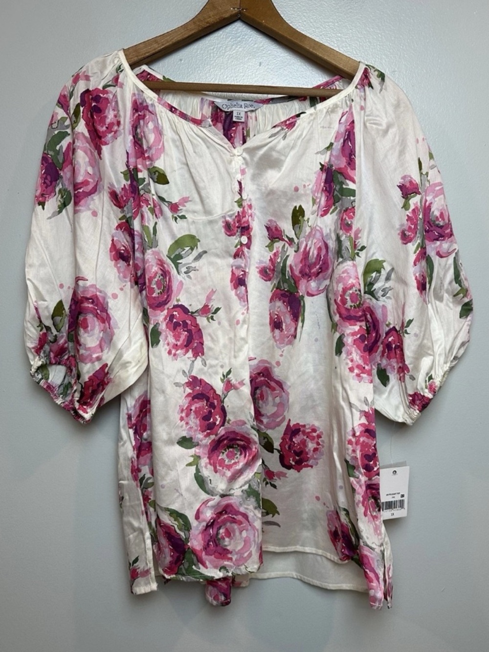 Ophelia Roe Peasant Blouse Pink Floral 100% Cotton Puff Sleeve Size 1X NWT